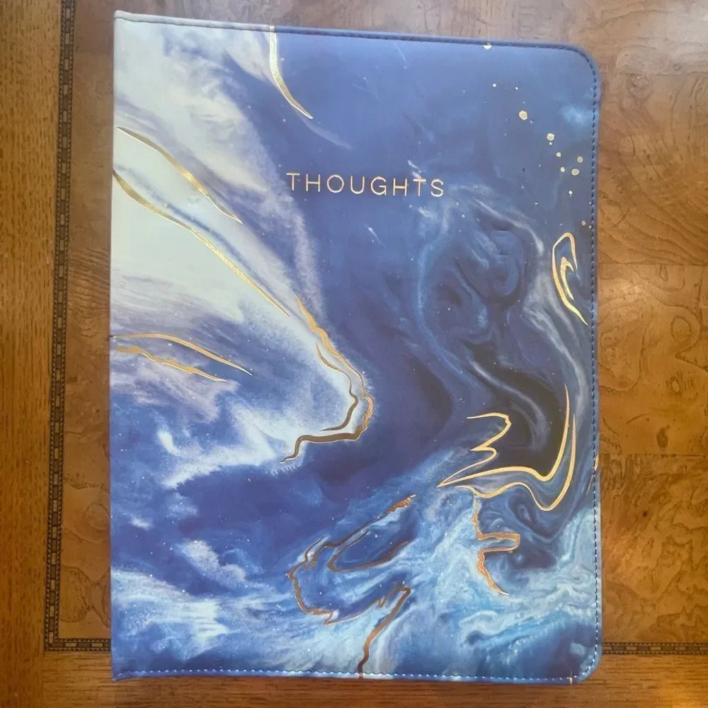Leather Folder Blue Marble Design Folio with Paper